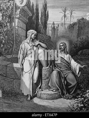 New Testament. Jesus and the woman of Samaria. John, 4:9. Engraving by ...
