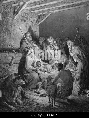 The Nativity. Luke 2:16. Engraving by Gustave Dore. 19th century. Stock Photo