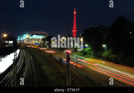 Berlin, Germany, the Radio Tower and the ICC on the A100 at night Stock Photo