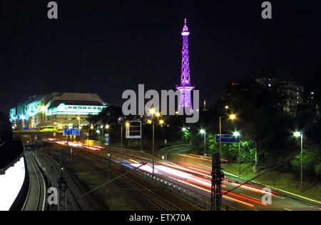 Berlin, Germany, the Radio Tower and the ICC on the A100 at night Stock Photo