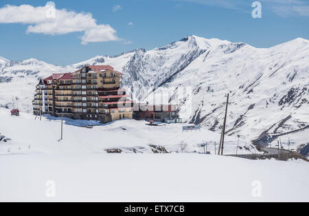Hotel Club-2100 in Gudauri ski resort in Greater Caucasus Mountains - view from Georgian Military Highway, Georgia Stock Photo