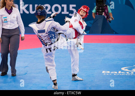 Baku Azerbaijan. 16th June, 2015. Baku 2015 European Games: Taekwondo, Women’s, 49 kg. Baku Crystall Hall - 2.  Charlie Maddock (Great Britain) vs. Nicoli Erica (Italy). Charlie Maddock wins with the final result 17-3. Credit:  Elmar Mustafayev/Alamy Live News Stock Photo