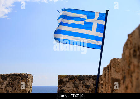 Frangokastello, Greece, Greece flag on the fort in Crete Frangokastello Stock Photo