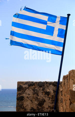 Frangokastello, Greece, Greece flag on the fort in Crete Frangokastello Stock Photo