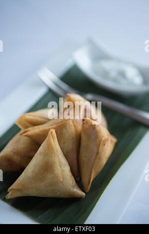 Crispy fried Chicken samosas with yogurt dipping sauce. Stock Photo