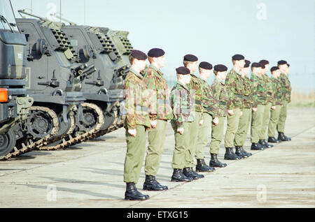 39th Regiment Royal Artillery, part of 1st Artillery Brigade, aka The Welsh Gunners,  showcase their Multiple Launch Rocket System at Albemarle Barracks, Northumberland, 9th November 1995. Stock Photo