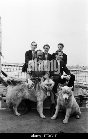The British Trans-Arctic Expedition led by Wally Herbert, pictured on their return to Portsmouth in HMS Endurance. The expedition members are (back row left to right) Freddie Church, Allan Gill and Dr Roy Koerner, Front row, left to right, Wally Herbert a