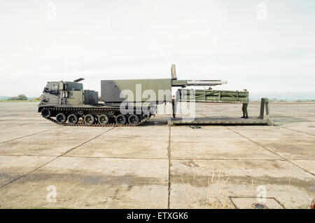 39th Regiment Royal Artillery, part of 1st Artillery Brigade, aka The Welsh Gunners,  showcase their Multiple Launch Rocket System at Albemarle Barracks, Northumberland, 9th November 1995. Stock Photo