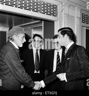 Prince Charles dines with The Goons at The Dorchester, London. Left to right, Spike Milligan, Peter Sellers and Michael Bentine greet the Prince. Harry Secombe was at home ill. 11th November 1974. Stock Photo