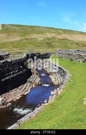 View of the aqueduct that carries Force Gill (stream) over the Settle to Carlisle railway line to the south of Blea Moor tunnel Stock Photo