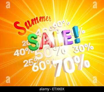 Colorful summer sale letters upon white percent numbers and sunlight Stock Photo