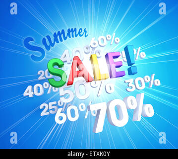 Colorful summer sale letters upon white percent numbers and sunlight Stock Photo