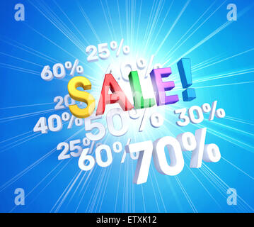 3D colorful sale letters upon white percent numbers and sunlight Stock Photo