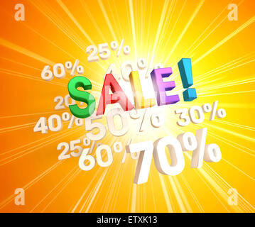 3D colorful sale letters upon white percent numbers and sunlight Stock Photo