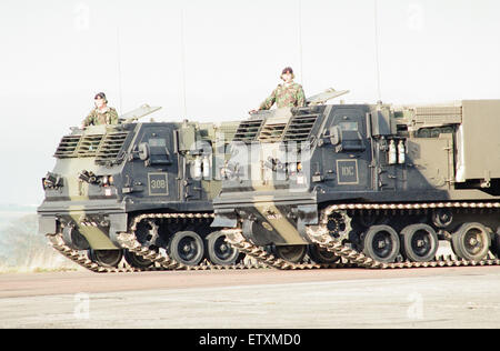 39th Regiment Royal Artillery, part of 1st Artillery Brigade, aka The Welsh Gunners,  showcase their Multiple Launch Rocket System at Albemarle Barracks, Northumberland, 9th November 1995. Stock Photo