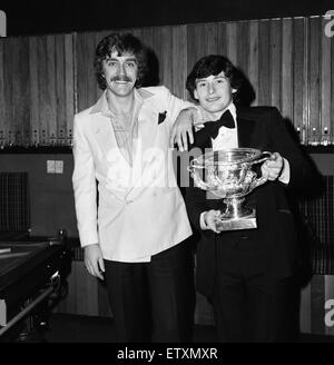 Snooker player Jimmy White pictured receiving a trophy from Cliff Thorburn at Kingston Snooker Hall where he attended a reception. 6th December 1980. Stock Photo