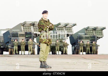 39th Regiment Royal Artillery, part of 1st Artillery Brigade, aka The Welsh Gunners,  showcase their Multiple Launch Rocket System at Albemarle Barracks, Northumberland, 9th November 1995. Pictured, Commanding Officer Lt Col Nick Clissitt. Stock Photo