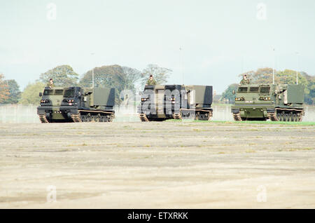 39th Regiment Royal Artillery, part of 1st Artillery Brigade, aka The Welsh Gunners,  showcase their Multiple Launch Rocket System at Albemarle Barracks, Northumberland, 9th November 1995. Stock Photo