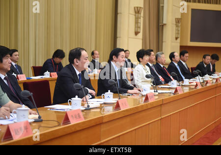 Beijing, China. 16th June, 2015. Liu Qibao (3rd L, front), a member of the Political Bureau of the Communist Party of China (CPC) Central Committee and head of the CPC Central Committee's Publicity Department, addresses the national congress of the Chinese Musicians Association in Beijing, capital of China, June 16, 2015. Credit:  Zhang Duo/Xinhua/Alamy Live News Stock Photo