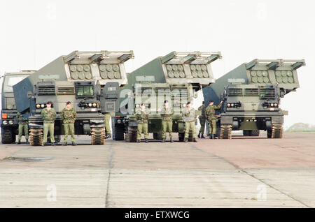 39th Regiment Royal Artillery, part of 1st Artillery Brigade, aka The Welsh Gunners,  showcase their Multiple Launch Rocket System at Albemarle Barracks, Northumberland, 9th November 1995. Stock Photo