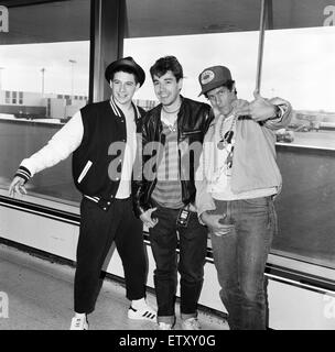The Beastie Boys, Adam Horovitz (Ad-Rock), Adam Yauch (MCA) and Michael Diamond (Mike D) at London Airport. 13th May 1987. Stock Photo