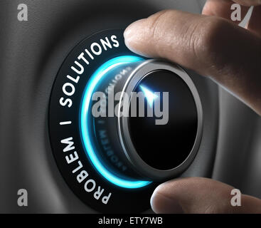 Solution switch positioned on the word solutions over grey background with blue lights. Concept of problem solving. Stock Photo
