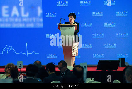 (150616)-- PRAGUE, June 16, 2015(Xinhua)-- WHO's Director-General Margaret Chan addresses the opening ceremony of the Sino-Central and Eastern Europe Health Minister Forum in Prague, capital of Czech Republic, on June 16, 2015.   (Xinhua/Qian Yi)(azp) Stock Photo