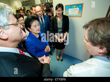 Prague, Czech Republic. 16th June, 2015. Chinese Vice Premier Liu Yandong (C) listens to the introduction as she visits a local hospital in Prague, capital of Czech Republic, on June 15, 2015. Credit:  Xinhua/Alamy Live News Stock Photo