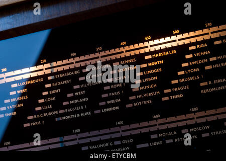 Old radiogram frequency dial. Medium wave list of radio stations. Tuning positions. Stock Photo