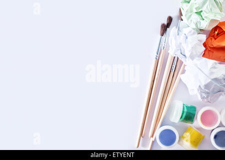 color paint and brushes on the white table Stock Photo
