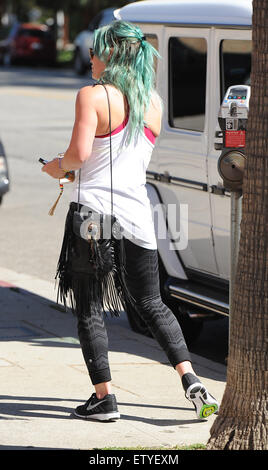 Hilary Duff still sporting her turquoise dyed hair, goes to Belle Visage salon Skin Beauty Science  Featuring: Hilary Duff Where: Los Angeles, California, United States When: 26 Mar 2015 C Stock Photo