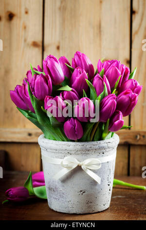 Purple Tulips on a wooden surface. Studio photography Stock Photo