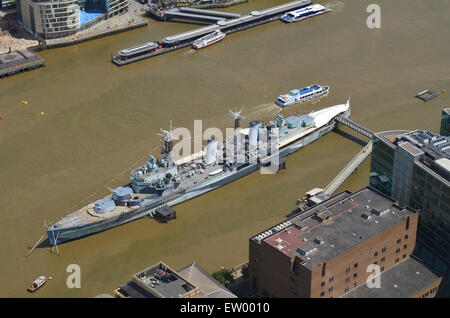HMS Belfast on the River Thames looking down from the Shard viewing platform. Stock Photo