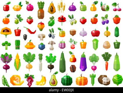 fresh food. vegetables and fruits icons set. vector. flat illustration Stock Vector