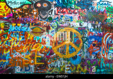Prague, Czech Republic - June, 2015: Lennon Wall is filled with John Lennon-inspired graffiti and pieces of lyrics from Beatles Stock Photo