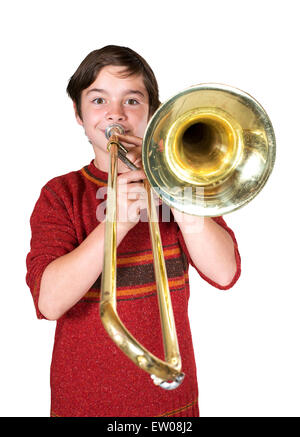 portrait of a boy playing the trombone Stock Photo