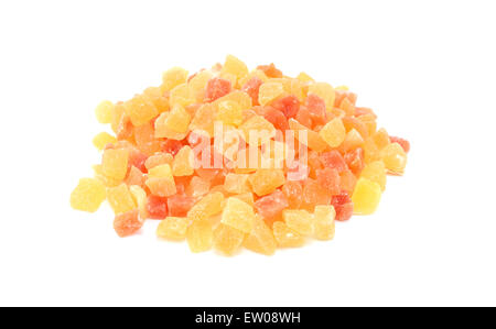 Dried pineapple and papaya pieces, isolated on a white background Stock Photo