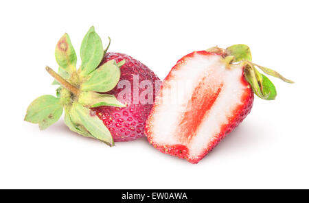 One whole and half juicy strawberries isolated on white background Stock Photo