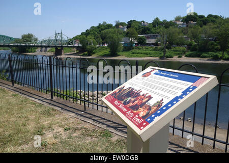 Information sign The Treaty of Easton, colonial agreement, Free bridge in background, Lehigh Valley, Pennsylvania, USA. Stock Photo