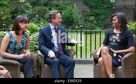 First Lady Michelle Obama meets with Prime Minister David Cameron and his wife Samantha Cameron for tea at 10 Downing Street June 16, 2015 in London, England. Stock Photo