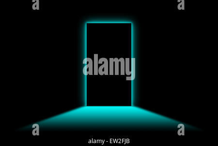 Black door with bright neonlight at the other side - Blue Stock Photo