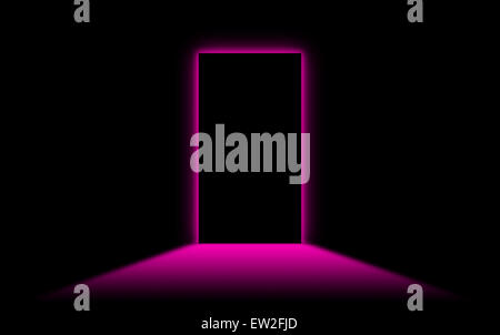 Black door with bright neonlight at the other side - Pink Stock Photo