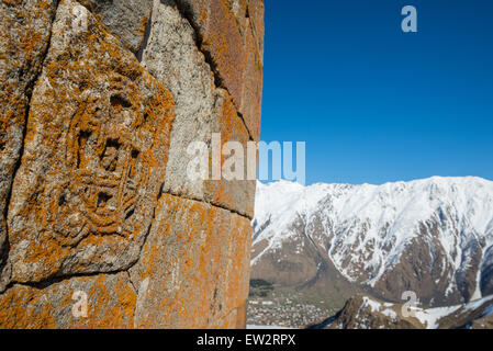 Sign on the walls of Holy Trinity Church (Tsminda Sameba) from 14th century near Gergeti village and Stepantsminda town, Georgia Stock Photo