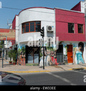 Mural on buildings along street, Calle Antonia Lopez de Bello, Santiago, Santiago Metropolitan Region, Chile Stock Photo