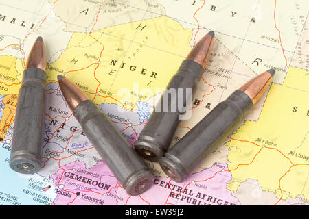 Four bullets on the geographical map of Niger. Conceptual image for war, conflict, violence. Stock Photo