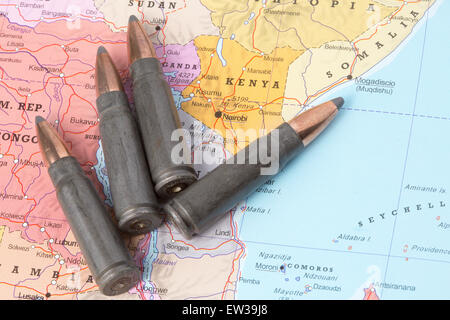 Four bullets on the geographical map of Kenya. Conceptual image for war, conflict, violence. Stock Photo