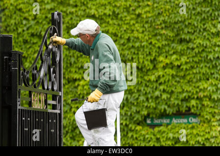 Wimbledon London,UK. 17th June 2015. The front entrance of the AELTC is repainted by ground staff in the build up to the 2015 Wimbledon tennis championships Credit:  amer ghazzal/Alamy Live News Stock Photo