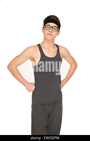 Young funny sporty nerd with glasses Stock Photo