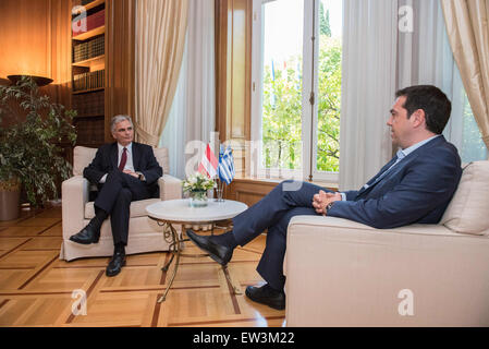 Athens, Greece. 17th June, 2015. Greece's Prime Minister Alexis Tsipras, welcomes visiting Austrian Chancellor Werner Faymann in Athens, Greece. Faymann pays a one-day visit to Athens. Credit:  Aristidis Vafeiadakis/ZUMA Wire/Alamy Live News Stock Photo