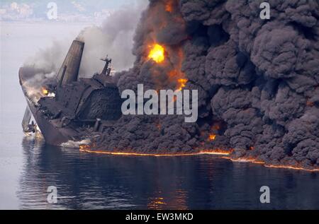 Disaster of  Haven oil tanker, went up in flames and sunk in front of Genoa (Italy) in April 1990 Stock Photo